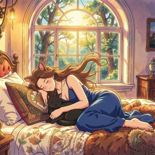 In this detailed anime-style drawing, a woman with long, flowing brown hair adorned with cat ears is depicted resting on a bed. She is wearing a blue nightgown and is barefoot, with her feet positioned towards the bottom right of the image. The woman is lying on her side, facing left, with her head resting on a pillow. A black cat is nestled in her arms, and she appears to be gently stroking it. The bed is covered with a white blanket featuring a floral pattern, and there is a brown fur rug underneath. The bed frame is brown with a red cushioned headboard. 

In the background, a large window with a brown frame and an arch at the top reveals a serene view of trees and a bright sun. To the right of the window, a brown dresser holds a vase, and a picture frame hangs on the wall. The left side of the image shows a brown table, and a light fixture hangs from the ceiling, adding to the cozy ambiance of the scene.