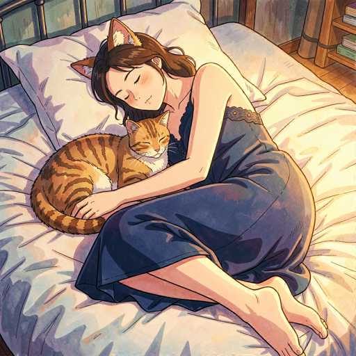 In this captivating anime-style illustration, a young girl is depicted sleeping peacefully on a bed. She is wearing a dark blue nightgown and has brown hair. Her most striking feature is the pair of cat ears adorning her head, adding a whimsical touch to her appearance. The girl is curled up in a ball, with her head resting on a pillow. Nestled in her arms is a brown and orange striped cat, which also appears to be sleeping. The cat's eyes are closed, and its tail is curled around its body, with the tip tucked under the girl's arm. The bed they share is covered with a white sheet, and the pillow is white as well. In the background, a wooden bookshelf filled with books can be seen, along with a wooden floor and a wooden headboard. The scene is bathed in a warm, yellow light, enhancing the cozy and serene atmosphere.