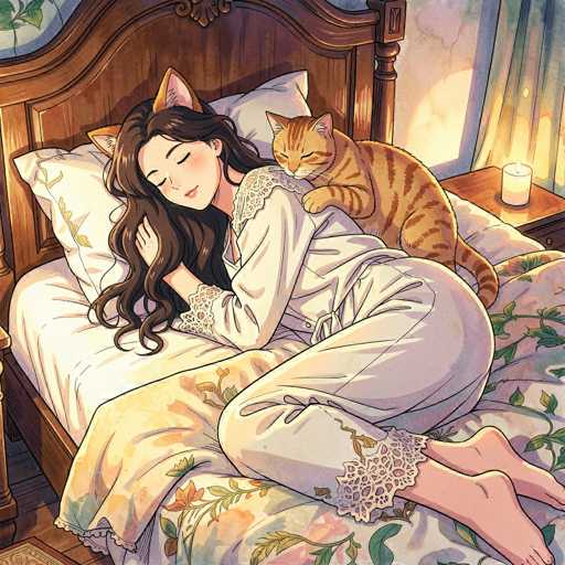 In this detailed anime-style illustration, a young woman with long, wavy brown hair is depicted sleeping peacefully on a bed. She is wearing a white nightgown adorned with lace at the cuffs and hem, and her eyes are gently closed. The woman has cat ears, adding a whimsical touch to her appearance. Nestled beside her is an orange tabby cat, which is also sleeping, its head resting on her shoulder. The cat's tail is curled around the woman's feet, and its paws are draped over her back. The bed they share is covered with a floral-patterned blanket and matching pillowcases. A lit candle sits on a wooden nightstand next to them, casting a warm glow. The room's window is open, allowing sunlight to stream in, and the curtains are drawn back, revealing a glimpse of the outside world.