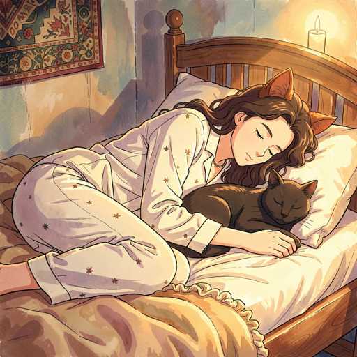 In this detailed illustration, a woman is depicted sleeping peacefully on a bed. She is wearing pajamas adorned with a pattern of stars, and her long brown hair cascades around her. The woman is also wearing a pair of whimsical cat ears. Nestled in her arms is a black cat, which is curled up and sleeping on a pillow. The bed itself is covered with a white sheet and a brown blanket, and it features a wooden headboard. A lit candle in the top right corner of the image casts a warm glow over the scene, adding to the cozy atmosphere. The wall behind the bed is painted in a soft blue hue, and a colorful rug hangs on the left side of the wall, contributing to the room's inviting ambiance.