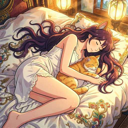 A young woman with long, flowing dark hair and cat ears is peacefully sleeping in a cozy bed. She's wearing a white nightgown and is snuggled with an orange cat, both asleep. The bed has ornate gold detailing and soft lighting from bedside lamps. The art style is detailed, with a focus on gentle shading and warm colors, creating a serene and intimate atmosphere.
