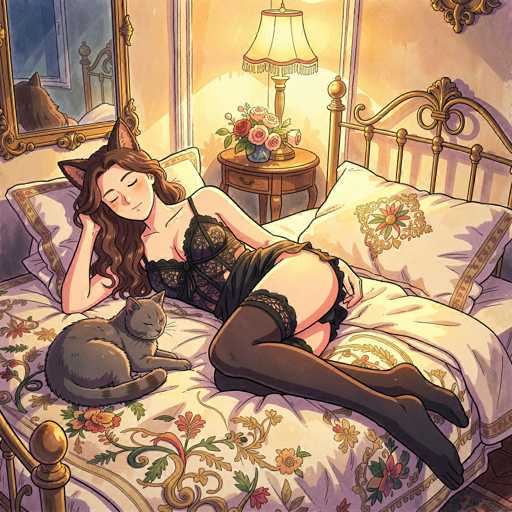 In this detailed anime-style illustration, a young woman with long brown hair and cat ears is depicted lying on a bed. She is wearing a black lace negligee paired with thigh-high black stockings, and her eyes are closed, giving her a serene expression. The bed is adorned with a white comforter featuring a floral pattern in shades of yellow, orange, and green, along with a matching pillowcase. A gray cat with striped markings is curled up next to her, adding to the cozy atmosphere. The bed has a gold-colored metal headboard and footboard, and a white pillow with a gold border and a floral design rests behind her. To her right, a nightstand holds a blue vase filled with pink and red roses, accompanied by a lamp with a white shade trimmed in red. A large mirror with a gold frame hangs on the wall, reflecting the bed and nightstand. The walls are painted in a warm yellow hue, completing the intimate and inviting scene.
