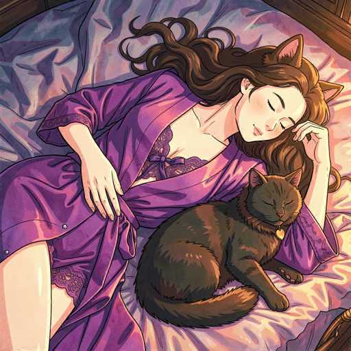 This detailed illustration depicts a serene scene of a woman and her cat, both appearing to be in a peaceful slumber. The woman, with long, wavy brown hair cascading down her back, is lying on her side on a bed adorned with a pink and purple blanket. She is dressed in a purple bathrobe that is slightly open at the front, revealing a purple lace bra underneath. Her right hand rests gently on her stomach, while her left hand is tucked under her head, with her fingers curled inward. Notably, she has cat ears, adding a whimsical touch to her appearance.

Next to her, a brown cat with black stripes and a gold collar is curled up, its eyes closed in slumber. The cat's fur appears soft and fluffy, with a particularly thick collar of fur around its neck. The woman's cat ears and the cat's relaxed posture contribute to the overall tranquil atmosphere of the scene. The illustration captures a moment of quiet companionship between the woman and her feline friend, both seemingly lost in a peaceful dream.