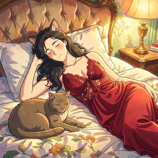 The image depicts a detailed, anime-style drawing of a woman with cat ears, lying on a bed. She is wearing a red negligee with a bow at the top, and a matching red sheet covers her legs. Her long, dark brown hair cascades down, and she has her eyes closed, appearing to be in a peaceful slumber. The woman is resting on a white pillow, with her head slightly turned to the left. 

Next to her, on the left side of the bed, a brown cat with a white chest and pink ears is curled up, also sleeping. The bed features a brown headboard with a gold trim and is adorned with a white sheet that has a floral pattern of orange and green flowers. 

To the right of the bed, there is a brown nightstand with a gold lamp that has a white lampshade. The lamp is turned on, casting a warm glow over the scene. Behind the nightstand, the wall is decorated with green wallpaper featuring a gold floral pattern. The overall atmosphere of the image is serene and intimate, capturing a moment of quiet rest.