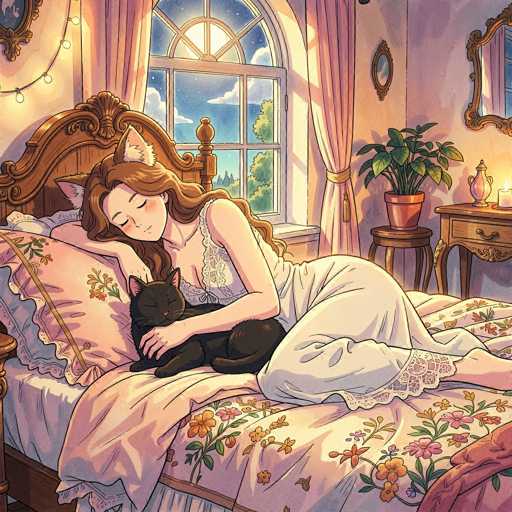 In this detailed illustration, a woman is depicted lying on a bed, cradling a black cat in her arms. The woman, who has long brown hair, is wearing a white nightgown and has cat ears adorning her head. The bed she rests on is covered with a pink floral-patterned bedspread, and a matching pink pillow supports her head. The room is softly illuminated by natural light streaming through a window, which reveals a serene blue sky dotted with white clouds and a glimpse of green trees outside. The window is framed by pink curtains, adding a touch of warmth to the scene. To the right of the bed, a brown nightstand holds a potted plant and a lit candle, casting a gentle glow. Above the nightstand, a mirror hangs on the wall, reflecting the cozy ambiance of the room. The overall atmosphere is one of tranquility and comfort, beautifully captured in this detailed artwork.