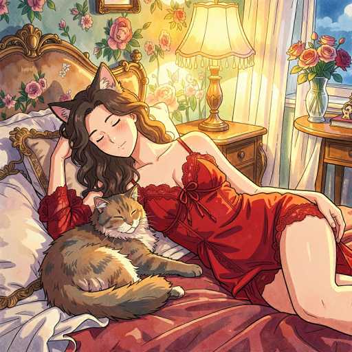 This detailed illustration depicts a serene bedroom scene featuring a woman and her cat. The woman, who has long brown hair, is lying on a bed adorned with a red blanket and white pillows. She is wearing a red nightgown and has cat ears, adding a whimsical touch to her appearance. Beside her, a brown cat with white patches on its chest and paws is curled up, also wearing cat ears. The room is softly illuminated by a lamp on a nightstand, which casts a warm glow over the space. The walls are decorated with floral wallpaper, and a window with a white curtain reveals a dark blue night sky outside. A vase filled with pink roses sits on the nightstand, adding a touch of color to the scene. The overall atmosphere is cozy and intimate, capturing a peaceful moment between the woman and her feline companion.