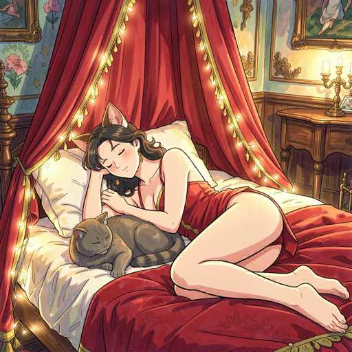 A woman with cat ears and long dark hair is peacefully sleeping in a luxurious bed. She's wearing a red slip dress and is snuggled with a gray cat curled up beside her. The bed is draped in rich red fabric, and warm fairy lights adorn the canopy. The art style is detailed and soft, with a focus on gentle lighting and a cozy atmosphere.