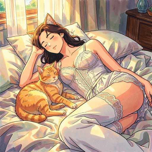 In this detailed illustration, a woman with long brown hair and cat ears is depicted sleeping peacefully on a bed. She is dressed in a white nightgown adorned with lace details on the legs and chest. Her head rests on a white pillow, and she is surrounded by a cozy white blanket. Beside her, an orange cat with brown stripes lies comfortably, its head resting on the woman's arm. The cat's eyes are closed, and it appears to be sleeping as well. The background features a window with white curtains, through which natural light streams in, casting a gentle glow on the scene. To the right of the bed, there is a brown dresser with a blue vase and a brown bowl placed on top. The overall atmosphere of the image is serene and intimate, capturing a moment of quiet rest shared between the woman and her feline companion.