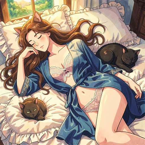 In this captivating anime-style illustration, a young woman with long, flowing brown hair and cat ears is depicted lying on a bed. She is dressed in a blue bathrobe that is tied at the waist, revealing her lingerie underneath. Her eyes are gently closed, and her head rests on her hand, giving her a serene expression. The bed is adorned with white pillows and a white comforter, creating a cozy atmosphere. To her left, a brown cat with striking yellow eyes sits on a pillow, gazing directly at the viewer. On her right, a black cat is curled up, also looking towards the viewer. The scene is set in a room with a window in the background, through which lush green trees can be seen, adding a touch of nature to the tranquil indoor setting.