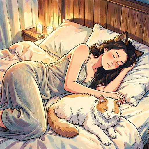 In this detailed illustration, a woman is depicted sleeping peacefully on a bed. She is wearing a gray nightgown and has long, dark brown hair cascading down her back. Her eyes are closed, and her head rests on a pillow, with her left arm bent and her hand gently placed on her cheek. Notably, she has large, fox-like ears, adding a whimsical touch to her appearance. 

In front of her, a white cat with brown spots on its head and a brown tail is curled up, also sleeping. The cat's eyes are closed, and its paws are tucked in, with its head resting on the bed.

The bed itself is adorned with a white comforter and two white pillows. The headboard is made of brown wood, complementing the wooden nightstand beside it. On the nightstand, two white candles are lit, casting a soft glow that enhances the serene atmosphere of the scene.