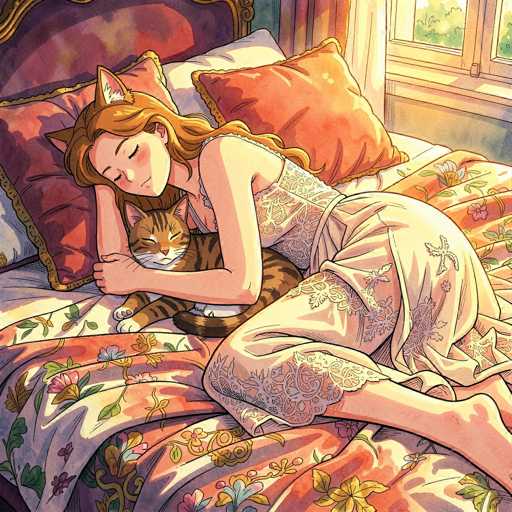 A woman with long, flowing auburn hair and cat ears is peacefully sleeping in bed. She's snuggled with a tabby cat, both nestled on a patterned duvet. The room has a warm, soft lighting, and the artwork features a detailed, illustrative style with gentle shading. The focus is on comfort and tranquility.