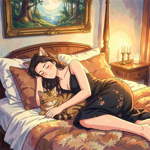 In this detailed anime-style illustration, a young woman with long, dark brown hair and cat ears is depicted sleeping peacefully on a bed. She is wearing a black nightgown adorned with pink cherry blossom patterns. The woman is lying on her side, her head resting on her hand, and she is hugging a brown and black striped cat that is also sleeping. The bed features a white sheet and a furry blanket in shades of brown and orange. Behind her, there are two pillows: one white and one brown. The headboard of the bed is made of dark brown wood, and the bed frame is also brown. To the right of the bed stands a nightstand with three lit candles: two tall white candles in candle holders and one short white candle in a glass holder. Above the bed hangs a large, ornate gold-framed painting depicting a serene forest scene with a lake and a full moon. The walls of the room are painted white, and the overall ambiance is cozy and tranquil.