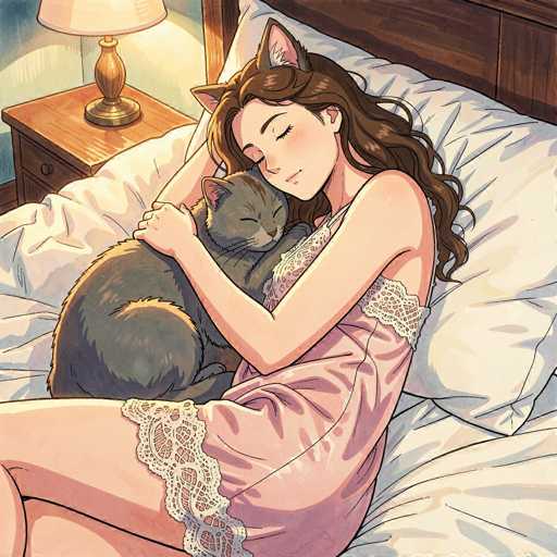 In this detailed anime-style drawing, a young woman with long, wavy brown hair is depicted lying on a bed, cradling a gray cat. She is wearing a pink nightgown adorned with lace trim at the bottom of her legs and around the neckline. The woman has cat ears, adding a whimsical touch to her appearance. Her eyes are closed, and she is smiling softly, with her head resting gently on the cat's head. The cat, also with closed eyes, appears content and relaxed. The bed is covered with a white sheet and a white pillow, and the headboard is made of brown wood. To the left of the bed, there is a brown nightstand with a lamp that has a white lampshade, casting a warm glow over the scene. The background features a blue wall, completing the cozy and serene atmosphere of the image.