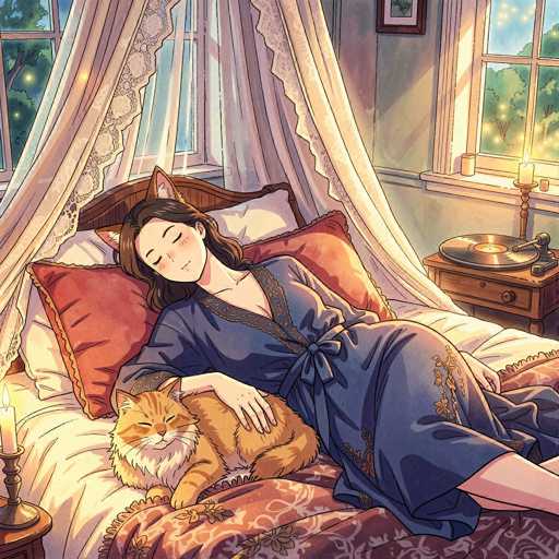 In this captivating illustration, a serene woman is depicted sleeping peacefully on a bed. She is adorned in a dark blue nightgown, elegantly tied at the waist with a sash. Her long, wavy brown hair cascades gently, and her eyes are closed in a state of deep relaxation. Nestled beside her is a brown cat, comfortably curled up on a white blanket. The cat's fur is a rich brown, with distinctive white markings on its chest and around its mouth, and it has striking white whiskers.

The bed is dressed with a red blanket featuring a delicate white floral pattern, adding a touch of warmth and coziness to the scene. Behind the woman, a white pillow and a red pillow provide additional comfort. The room is softly illuminated by a candle placed on a nightstand, casting a gentle glow over the tranquil setting. The nightstand also holds a record player, hinting at the woman's appreciation for music. The walls of the room are painted a soothing light green, complementing the overall serene atmosphere.