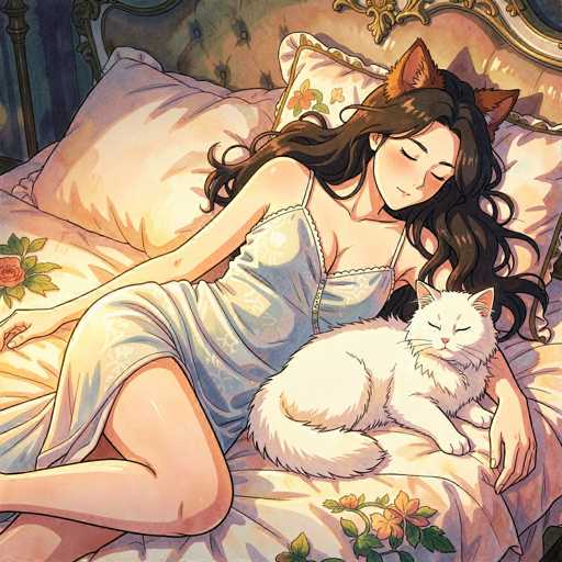 In this detailed anime-style illustration, a young woman with long, wavy brown hair is depicted sleeping peacefully on a bed. She is wearing a light blue nightgown adorned with a delicate white floral pattern. Her head rests on a pillow that features a floral design, and her body is positioned diagonally across the bed, with her feet towards the bottom left corner of the image and her head towards the top right. The bed itself is a luxurious gold color, complemented by a white floral-patterned comforter and additional pillows.

Adding to the whimsical nature of the scene, the woman has large, fox-like ears protruding from the top of her head, colored in a rich brown hue. Nestled beside her, on the right side of the image, is a white cat with striking red eyes, also sleeping. The cat's presence adds a touch of warmth and companionship to the serene setting. The overall composition of the illustration exudes a sense of tranquility and comfort, beautifully capturing a moment of peaceful slumber.