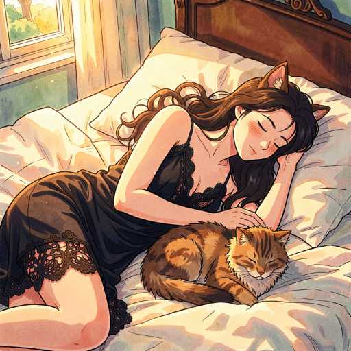 In this detailed anime-style illustration, a young woman is depicted sleeping peacefully on a bed. She is dressed in a black nightgown adorned with lace at the bottom of the sleeves and hem. Her long, wavy brown hair cascades down her back, and she has a pair of fox ears peeking out from the top of her head. The woman is lying on her side, with her head resting on a pillow, and her right hand gently placed on her chest. Nestled beside her is a brown cat with dark brown stripes and a white chest, curled up with its eyes closed, mirroring the woman's slumber. The bed is covered with a white sheet, and the headboard is made of brown wood. Sunlight streams in through a window on the left side of the image, illuminating the scene and casting a warm glow on the woman's face. The window is framed by white curtains, and outside, a tree and some bushes are visible, adding a touch of nature to the serene indoor setting.