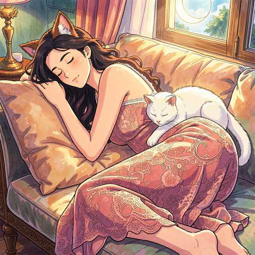 A serene illustration depicts a woman with cat ears peacefully sleeping on an ornate sofa. She's nestled against a fluffy white cat, both bathed in warm, soft lighting. The art style is reminiscent of anime or manga, with delicate lines and a focus on gentle shading to convey a calm, cozy atmosphere.
