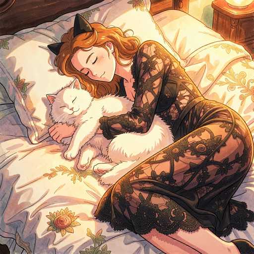Cat girl sleeping with her cat