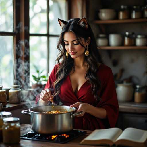 A woman wearing cat ears and a red robe is cooking in a kitchen. She's stirring food in a pot on a stove, and steam rises from the pot. The kitchen is cozy with wooden shelves holding jars of spices and other kitchenware. She's wearing gold earrings and has long, wavy hair. The lighting is soft and warm, highlighting the details of the scene.