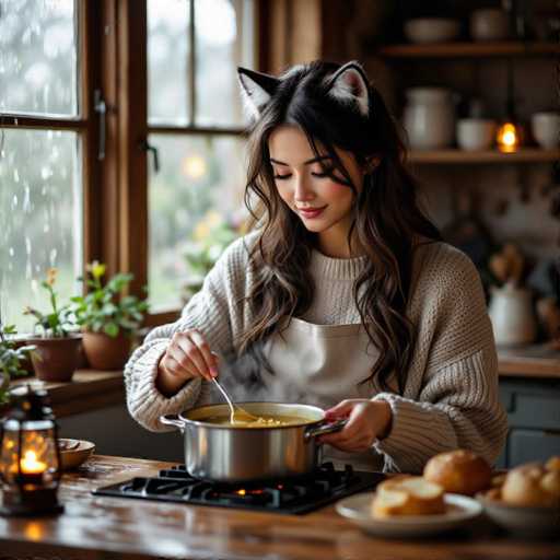 A young woman with long, wavy brown hair and cat ears is cooking in a cozy kitchen. She's wearing a light gray, chunky knit sweater and an apron, and she's carefully stirring a pot of yellow soup on a black stovetop. The kitchen is warm and inviting, with wooden countertops, a window showing a rainy day outside, and several potted plants on the windowsill. A small lantern sits on the counter next to a bowl of bread, and the woman is looking down at the soup with a gentle smile. The overall lighting is soft and warm, creating a cozy atmosphere.