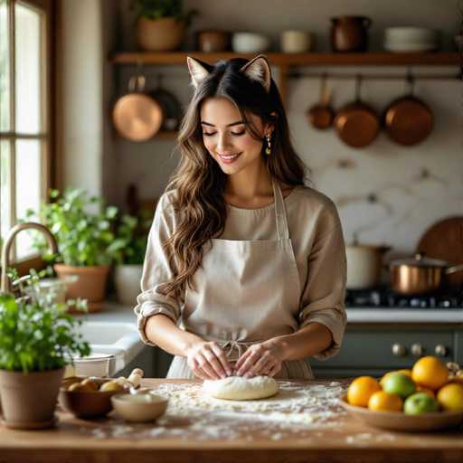 A woman wearing cat ears is happily kneading dough in a cozy kitchen. The kitchen has a warm, rustic aesthetic with wooden countertops, copper pots hanging on the wall, and potted plants. The woman is wearing a light beige apron and has long, wavy brown hair. She's smiling as she works, and the scene is bathed in soft natural light. The focus is on her hands working with the dough, highlighting a sense of domesticity and creativity.