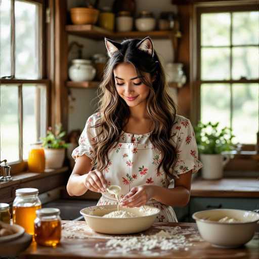 A young woman with long, wavy brown hair and a warm smile is happily mixing ingredients in a large white bowl on a rustic wooden kitchen island. She's wearing a light-colored, floral-patterned dress with short sleeves and cat-ear-shaped headwear. The kitchen is filled with natural light streaming in from large windows, and the scene has a cozy, vintage feel. 

The woman is using a wooden spoon to stir the ingredients, and flour is dusting the countertop around her. Several jars of honey are visible on the counter next to the bowl, and a small potted plant sits in the background. The overall atmosphere is one of warmth, creativity, and domestic bliss.