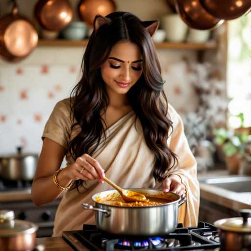 A woman in a cream-colored saree is cooking in a kitchen, stirring a pot of curry with a wooden spoon. She has long, wavy dark hair and is wearing gold bangles on her wrists. She's wearing cat ears on her head, adding a playful touch to the scene. The kitchen is bright and cozy, with copper pots hanging above the stove and a warm, inviting atmosphere. The woman is looking down at the pot with a gentle smile, focused on her cooking.