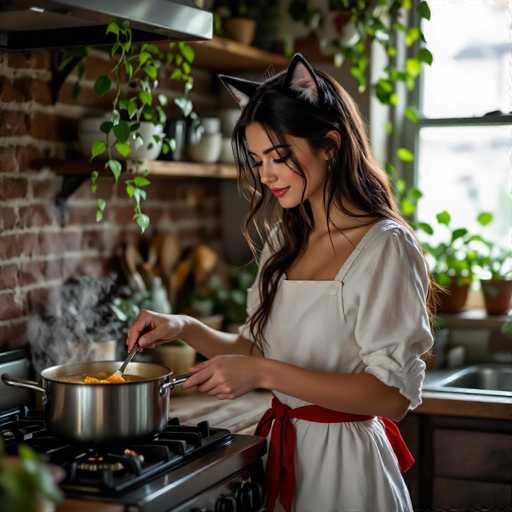 A young woman with long, wavy brown hair and a red apron is cooking in a kitchen. She's wearing black cat ears on her head, and she's stirring a pot of soup with a wooden spoon. The kitchen is rustic-looking, with exposed brick walls and wooden shelves filled with plants. The woman is looking down at the soup with a gentle expression, and steam is rising from the pot. The lighting is warm and inviting, and the overall mood of the image is cozy and peaceful.