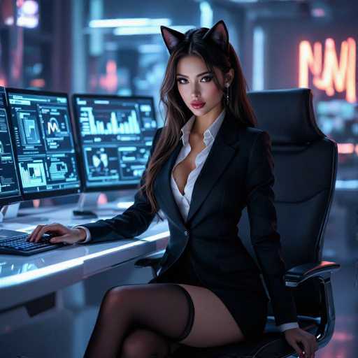 A woman with long, dark hair and cat ears is sitting at a desk in a futuristic office. She's wearing a black suit jacket, a white collared shirt, and black thigh-high stockings. She's looking directly at the viewer with a confident expression. The desk has multiple computer monitors displaying complex data visualizations, and there's a neon sign in the background that says "NM". The overall lighting is cool and futuristic, with glowing blue accents.