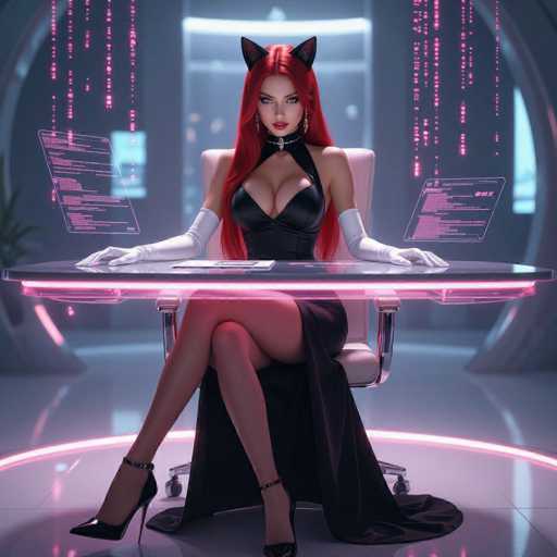 A captivating digital artwork of a woman with vibrant red hair and cat ears, dressed in a sleek black dress, sitting at a futuristic desk. The scene is bathed in soft pink and blue neon lighting, with glowing digital interfaces on the desk displaying lines of code. She's wearing white gloves and black high heels, exuding a confident and stylish aura. The overall aesthetic is cyberpunk-inspired, with a focus on technology and futuristic design elements.