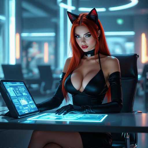 A woman with long, vibrant red hair and black cat ears is sitting at a futuristic desk. She's wearing a sleek, black leather dress with long sleeves and a low neckline, complemented by black gloves. Her expression is intense, looking directly at the viewer with captivating eyes. She's interacting with a glowing blue holographic interface on her desk, which displays various data visualizations and digital information. The background is a blurred view of a modern office space with glowing neon lights, creating an overall cyberpunk aesthetic. The lighting is predominantly cool-toned, emphasizing the futuristic and digital nature of the scene.