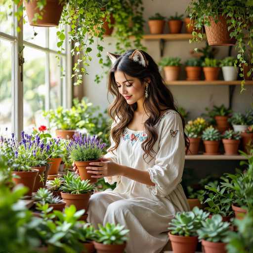 A young woman with long, wavy brown hair and cat-ear headwear is sitting amidst a collection of potted plants near a window. She's wearing a light-colored, long-sleeved dress with embroidered details and is gently holding a small purple lavender plant. The plants are in various terracotta pots, arranged on shelves and on the floor, creating a lush, indoor garden setting. The background is softly blurred, focusing attention on the woman and her interaction with the plants. Natural light streams in from the window, illuminating the scene with a warm glow. The overall mood is serene and peaceful, highlighting a love for nature and gardening.