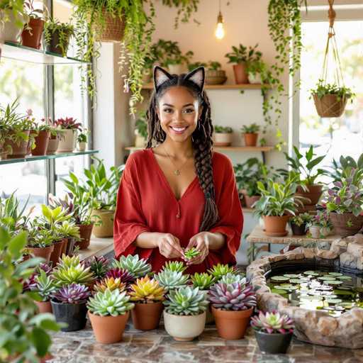 A woman with long, braided hair and a warm smile is surrounded by a vibrant collection of potted succulents in a plant shop. She's wearing a red long-sleeved shirt and black cat ears, holding a small succulent in her hands. The background is filled with more plants on shelves and hanging baskets, creating a lush and inviting atmosphere.