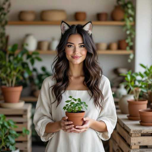 A woman with long, wavy brown hair and a warm smile is holding a small potted plant in her hands. She's wearing a light-colored, loose-fitting top and cute cat-ear-shaped headphones. The background is a softly blurred indoor setting with various potted plants and shelves displaying more terracotta pots. The lighting is soft and natural, creating a gentle and inviting atmosphere.