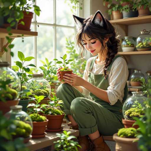 A young woman with long, dark hair and cat ears is kneeling in a sunlit room surrounded by potted plants. She's wearing green overalls and a white long-sleeved shirt, holding a small potted plant in her hands. The room is filled with various plants of different sizes and types, arranged on shelves and tables. Sunlight streams in through a large window behind her, illuminating the scene with a warm glow. The woman is looking down at the plant with a gentle expression, as if admiring it or tending to it. The overall atmosphere is peaceful and serene, with a focus on the natural world.