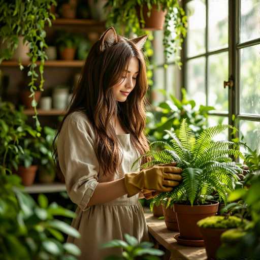 A young woman with long, wavy brown hair and a gentle smile is tending to a potted fern plant. She's wearing a light beige dress and mustard-colored gloves, and she’s looking down at the plant with a soft expression. She's wearing cute cat-ear headphones, adding to the whimsical feel of the image. The background is filled with lush green plants on shelves and a window, creating a cozy indoor garden setting. The lighting is soft and natural, highlighting the vibrant green of the foliage.