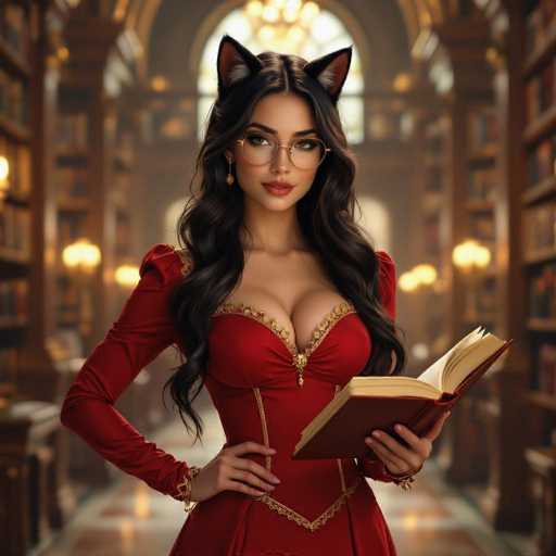 A beautiful woman with long, flowing black hair and cat ears is standing in a grand library. She's wearing a red dress with golden details, round glasses, and holding an open book. The background is blurred, showing shelves filled with books and warm lighting. She has a confident, slightly alluring expression, looking directly at the viewer. The overall style is fantasy-inspired and digitally rendered.