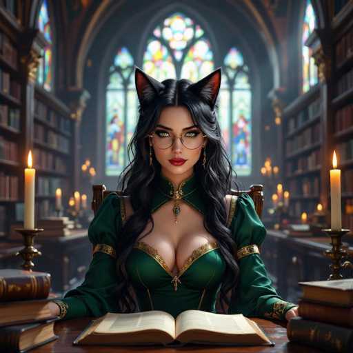 A beautiful woman with long black hair and cat ears, wearing a green velvet dress with gold accents and large glasses, is seated at a wooden table in a grand library. She's holding an open book and looking directly at the viewer with a serene expression. The library is filled with tall bookshelves, warm candlelight, and stained-glass windows in the background. The overall style is fantasy-inspired, with a focus on detail and atmosphere.