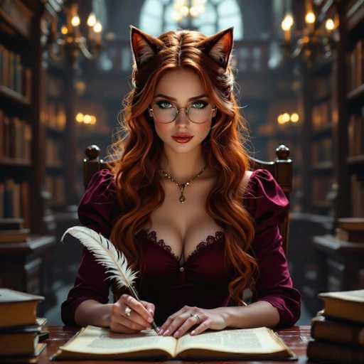 A beautiful woman with long, flowing red hair and cat ears is seated at a wooden desk in a dimly lit library. She's wearing round glasses and a deep burgundy dress with lace detailing, holding a quill pen in her right hand and writing in an open book. The background is filled with tall bookshelves overflowing with books, illuminated by warm, soft lighting from ornate chandeliers. The overall atmosphere is one of magic, knowledge, and a touch of fantasy.