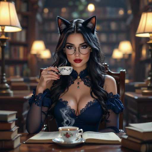 A woman with long, dark hair and cat ears is sitting at a wooden table in a library. She's wearing a blue lace dress and glasses, holding a teacup with steam rising from it. She's looking directly at the viewer with a soft, inviting expression. The background is filled with bookshelves and warm lighting, creating a cozy atmosphere.