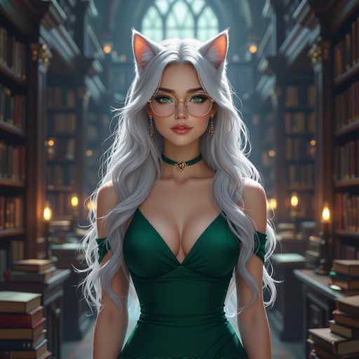 A beautiful, ethereal woman with long, flowing silver hair and cat ears is standing in a grand library. She's wearing a deep emerald green off-the-shoulder dress and round, green-tinted glasses. A delicate gold choker with a cat-shaped pendant adorns her neck, and she's wearing matching gold earrings. The background is filled with tall bookshelves overflowing with books, bathed in warm, soft lighting from ornate lamps. The overall atmosphere is magical and serene.