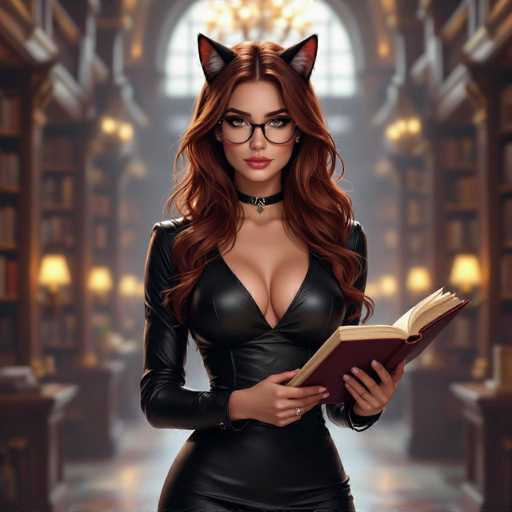A woman with long, wavy red hair and large glasses is wearing a black leather dress and cat ears. She's holding an open book in her hands, looking directly at the viewer with a confident expression. The background is a blurred library setting with warm lighting and bookshelves, creating a cozy atmosphere.