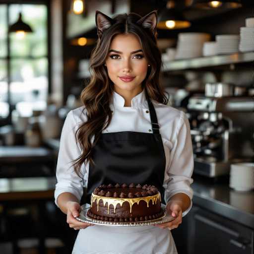 A woman wearing a white chef's coat, black apron, and cat-ear headband is holding a chocolate cake decorated with golden frosting on a silver cake stand. She's looking directly at the camera with a gentle smile, and her long brown hair cascades over her shoulders. The background is softly blurred, showing a kitchen setting with shelves of dishes and warm lighting.