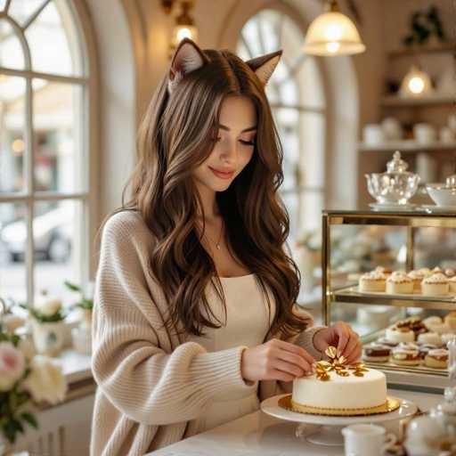 A young woman with long, wavy brown hair and a warm smile is carefully decorating a small cake. She's wearing a light beige cardigan over a white top and has adorable cat-ear headphones on her head. The cake is white with golden accents, and she's using a delicate gold-colored piping bag to add decorative details. The background is softly blurred, showing a cozy cafe setting with large windows and shelves displaying various pastries. The overall lighting is soft and warm, creating a pleasant and inviting atmosphere.