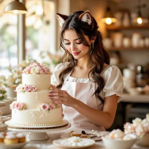 A young woman with long, wavy brown hair and cat ears is carefully decorating a three-tiered cake. She's wearing a white apron over a white top and is looking down at the cake with a gentle smile. The cake is covered in white frosting and decorated with pink roses, and it's placed on a white cake stand. The background is softly blurred, showing other cakes and pastries arranged on a table with warm lighting.