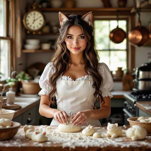A young woman with long, wavy brown hair and adorable cat ears is kneeling at a rustic wooden kitchen island. She's wearing a white apron with a delicate lace trim and is gently kneading dough on the island. The kitchen is filled with warm, soft lighting and a cozy atmosphere. 

The woman's expression is serene and focused as she works, her hands expertly shaping the dough. Scattered around her are various baking ingredients – bowls of flour, sugar, and other spices – along with a few small, partially formed cat-shaped cookies. 

The background features a charming kitchen setting with wooden shelves displaying various kitchenware, including copper pots and pans. A vintage-style clock hangs on the wall, adding to the overall rustic aesthetic. The scene is bathed in a soft, warm light that highlights the woman's features and the textures of the ingredients.