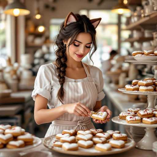 A woman wearing a white apron and cat ears is carefully arranging heart-shaped cookies on a tiered serving stand in a bakery. The background is softly blurred, showing shelves filled with various baked goods and other people working in the bakery. The woman is smiling and looking down at her work, suggesting a focus on detail and care in the preparation of the cookies. The lighting is warm and inviting, highlighting the delicate details of the cookies and the woman's expression.