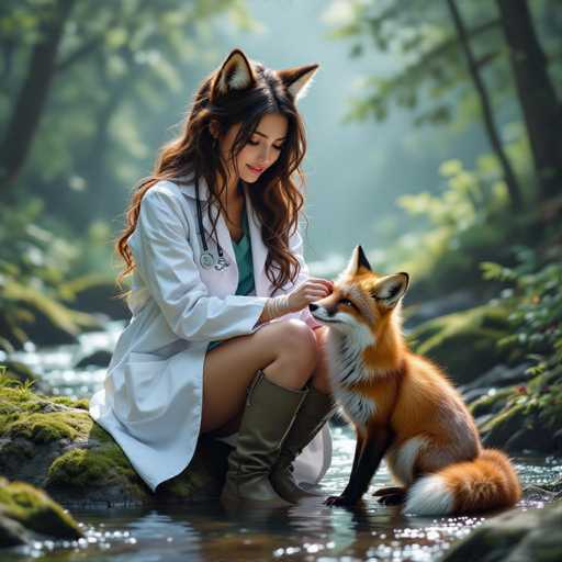 A woman wearing a white lab coat and fox ears is gently petting an orange fox in a serene forest setting. The woman has long, wavy brown hair and is wearing olive green boots. She's sitting on a mossy rock next to a clear stream, and the background is softly blurred with lush greenery. The overall lighting is soft and natural, creating a peaceful and magical atmosphere.