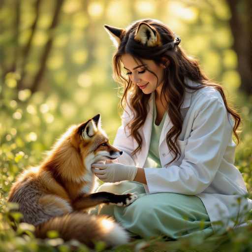 A woman in a white lab coat and light green scrubs is gently petting a red fox with its ears on, sitting in a sunlit grassy area. The woman is looking down at the fox with a soft smile, and her hands are carefully holding the fox's paw. The background is blurred with a soft focus, highlighting the woman and the fox in the foreground.