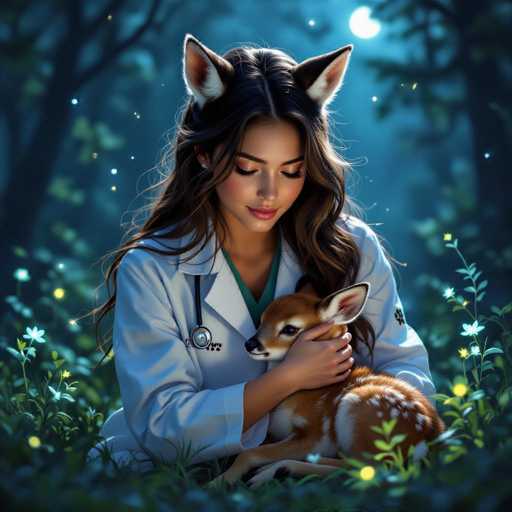 A beautiful, fair-skinned woman with long, flowing brown hair and large, expressive eyes is gently cradling a small, adorable fox cub in her arms. She's wearing a white medical coat over a green scrub top and has a stethoscope around her neck. She's nestled in a lush, vibrant forest setting at night, surrounded by glowing wildflowers and soft moonlight. The overall mood is one of tenderness, care, and a touch of fantasy.